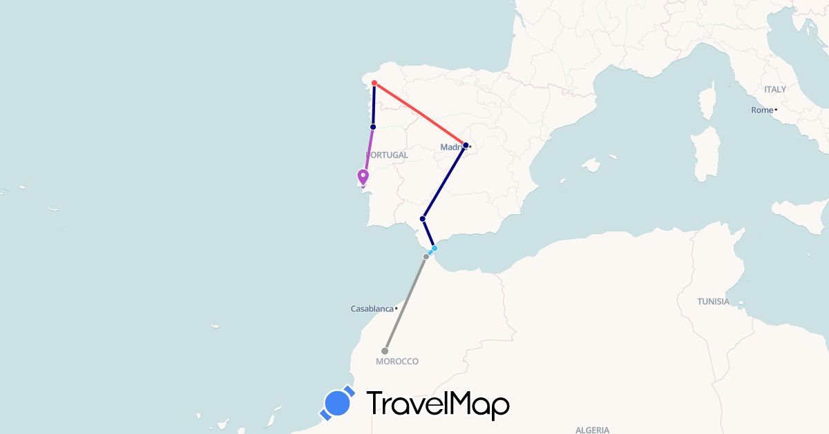 TravelMap itinerary: driving, plane, train, hiking, boat in Spain, Gibraltar, Morocco, Portugal (Africa, Europe)